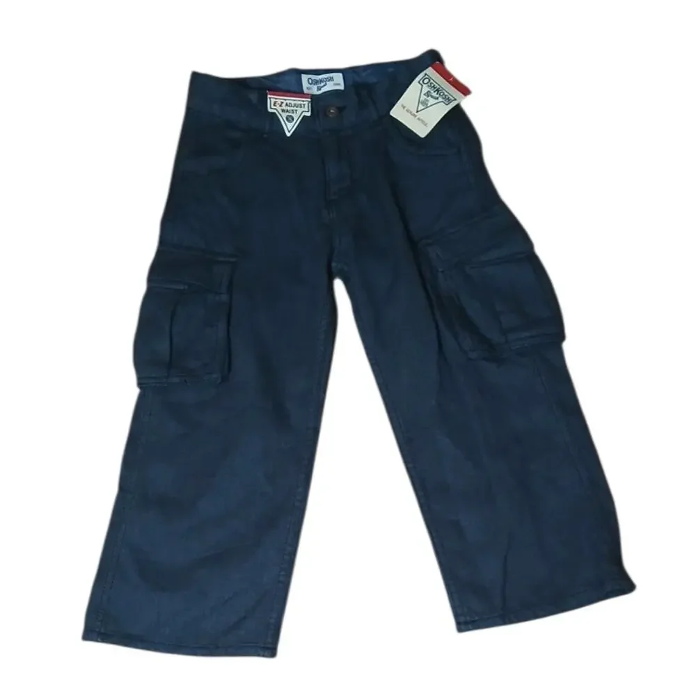 Oshkosh Boys Pants 4T Toddler E-Z‎ Adjust Waist Cargo Dark Blue 100% Cotton NWT